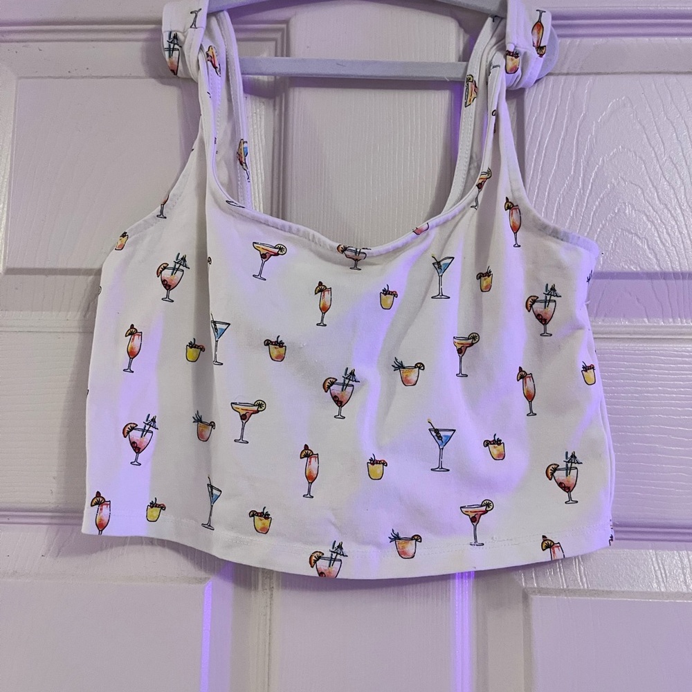White Crop Top with Cocktail Print